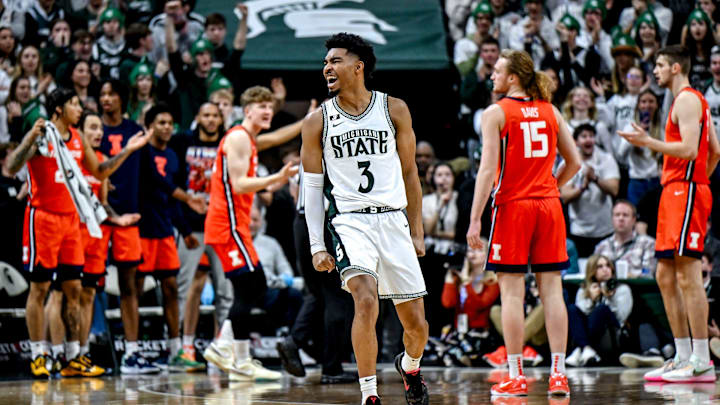 Michigan State's Jaden Akins, center, celebrates after Illinois' last shot was no good during the second half on Sunday, Jan. 19, 2025, at the Breslin Center in East Lansing.