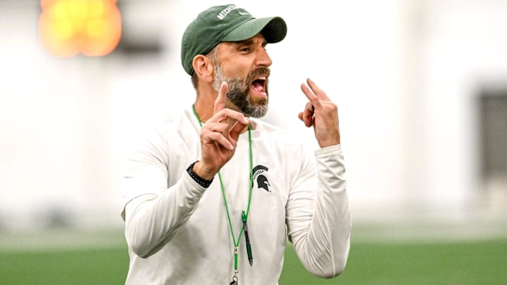 Michigan State's defensive coordinator Joe Rossi gives instructions while working with linebackers during camp on Monday, Aug. 5, 2024, at the indoor practice facility in East Lansing.