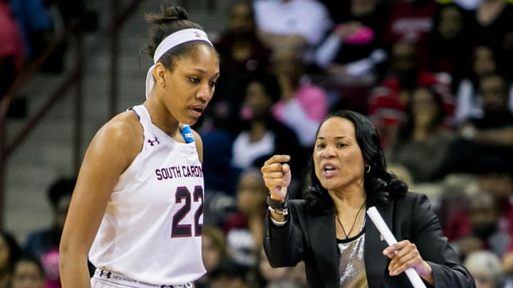 Mar 22, 2015; Columbia, SC, USA; South Carolina Gamecocks head coach Dawn Staley directs South Carolina Gamecocks guard/forward A'ja Wilson (22) against the Syracuse Orange in the first half of the second round of the women's NCAA Tournament at Colonial Life Arena. Mandatory Credit: Jeff Blake-Imagn Images