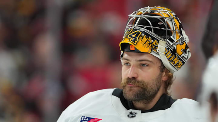 Mar 10, 2026; Raleigh, North Carolina, USA;  Pittsburgh Penguins goaltender Stuart Skinner (74) looks on during the warmups before the game against the Carolina Hurricanes at Lenovo Center. Mandatory Credit: James Guillory-Imagn Images