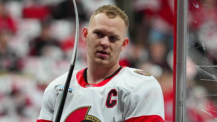 Apr 20, 2026; Raleigh, North Carolina, USA; Ottawa Senators left wing Brady Tkachuk (7) comes off the ice after the warmups before the game against the Carolina Hurricanes in game two of the first round of the 2026 Stanley Cup Playoffs at Lenovo Center. Mandatory Credit: James Guillory-Imagn Images