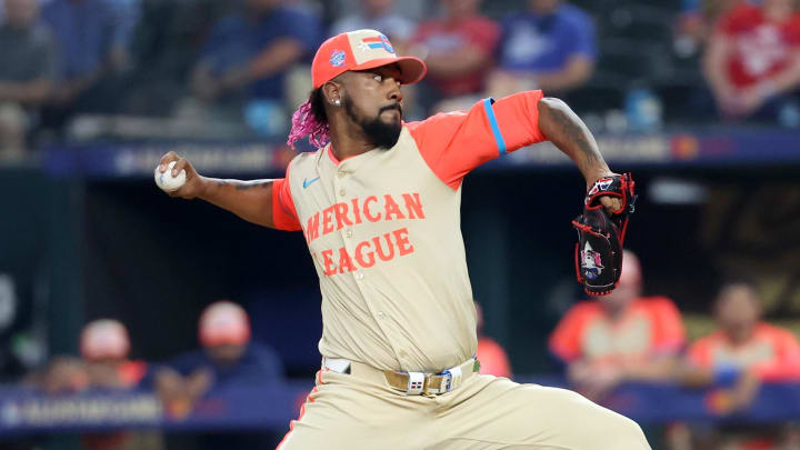 Jul 16, 2024; Arlington, Texas, USA; American League pitcher Emmanuel Clase of the Cleveland Guardians (48) pitches in the ninth inning during the 2024 MLB All-Star game at Globe Life Field. Mandatory Credit: Kevin Jairaj-USA TODAY Sports