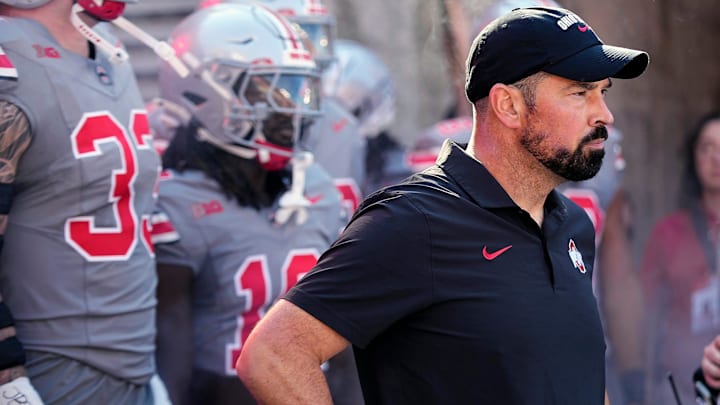 Oct 5, 2024; Columbus, OH, USA; Ohio State Buckeyes head coach Ryan Day waits to take the field against Iowa Hawkeyes during the NCAA football game at Ohio Stadium.