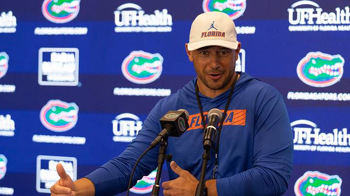 Florida head football coach Jon Sumrall speaks during a press conference after spring practice at Sanders Practice Fields in Gainesville, FL on Tuesday, March 24, 2026. [Alan Youngblood/Gainesville Sun]