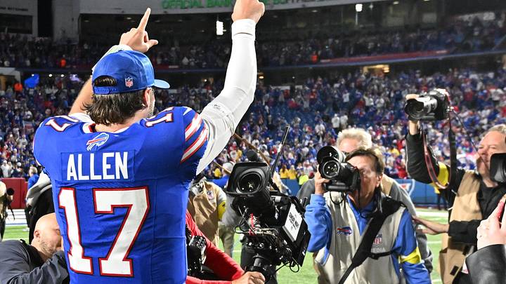 Buffalo Bills quarterback Josh Allen (17) celebrates the come-from-behind victory over the Baltimore Ravens. Buffalo Bills quarterback Josh Allen (17) celebrates the come-from-behind victory over the Baltimore Ravens.