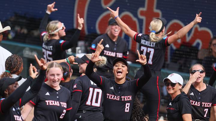 Texas Tech celebrates their 16-7 won over Florida and and mock Florida fans during game 3 of the super regional of the NCAA Division 1 softball championship at Katie Seashole Pressly Stadium in Gainesville, FL on Sunday, May 24, 2026. [Alan Youngblood/Gainesville Sun]