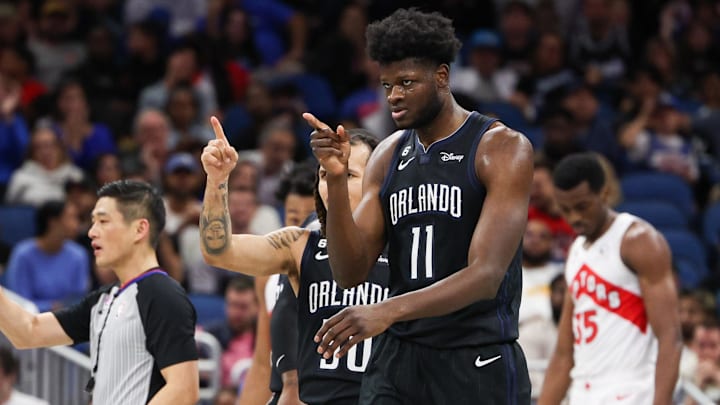 Dec 11, 2022; Orlando, Florida, USA;  Orlando Magic center Mo Bamba (11) reacts after making a basket against the Toronto Raptors in the second quarter at Amway Center. Mandatory Credit: Nathan Ray Seebeck-Imagn Images