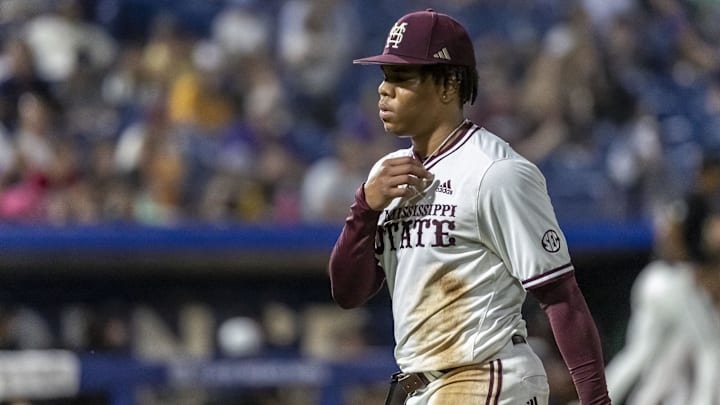 Mississippi State pitcher Jurrangelo Cijntje walks off the mound during an SEC Tournament game against Vanderbilt on May 23 at Hoover Metropolitan Stadium.