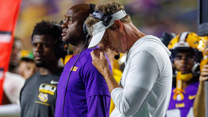 LSU Tigers head coach Lane Kiffin reacts to a play against the McNeese Cowboys during the second half at Tiger Stadium.  