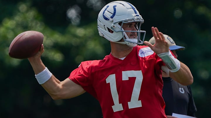 Indianapolis Colts quarterback Daniel Jones (17) throws the ball Tuesday, June 10, 2025, during NFL Colts mandatory mini camp at the Indiana Farm Bureau Football Center in Indianapolis.