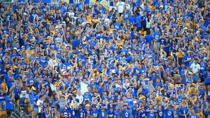 Pittsburgh Panthers student section erupts after they display the Panthers 2021 ACC Championship banner during the first half of the Backyard Brawl against West Virginia at Acrisure Stadium in Pittsburgh, PA on September 1, 2022.

Pitt Vs West Virginia Backyard Brawl