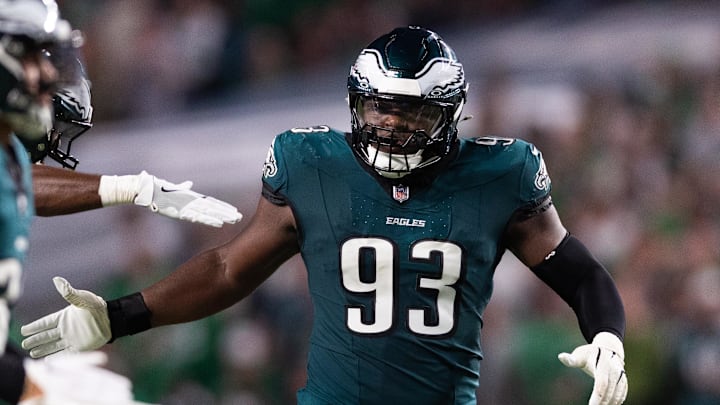 Sep 16, 2024; Philadelphia, Pennsylvania, USA; Philadelphia Eagles defensive tackle Milton Williams (93) in a game against the Atlanta Falcons during the third quarter at Lincoln Financial Field. Mandatory Credit: Bill Streicher-Imagn Images