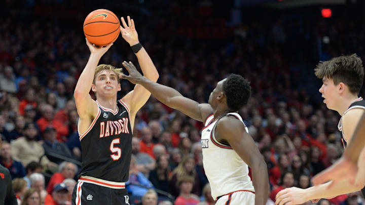 Feb 27, 2024; Dayton, Ohio, USA;  Davidson Wildcats guard Grant Huffman (5) shoots the ball against