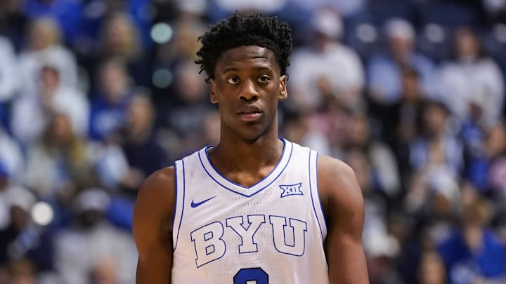 Mar 7, 2026; Provo, Utah, USA; BYU Cougars forward AJ Dybantsa (3) looks on during the first half against the Texas Tech Red Raiders at Marriott Center.