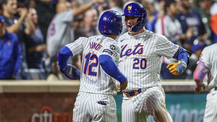 Sep 3, 2024; New York City, New York, USA;  New York Mets first baseman Pete Alonso (20) celebrates with shortstop Francisco Lindor (12) after hitting a two-run home run in the eighth inning against the Boston Red Sox at Citi Field. Mandatory Credit: Wendell Cruz-Imagn Images