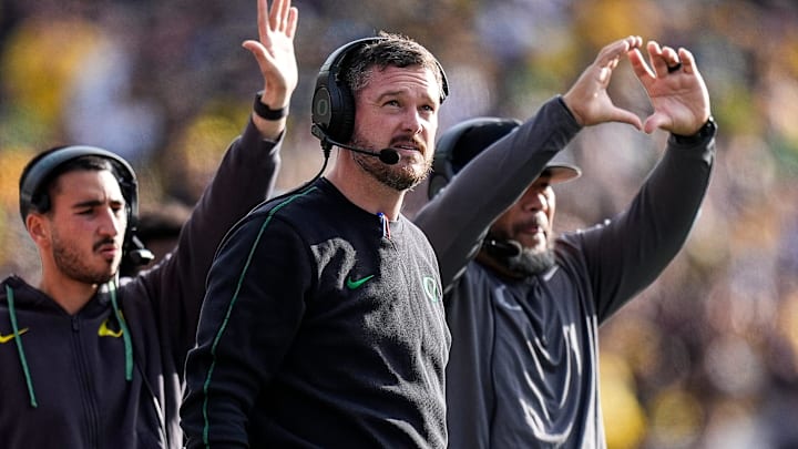 Oregon head coach Dan Lanning watches a play against Michigan during the first half at Michigan Stadium in Ann Arbor on Saturday, Nov. 2, 2024. Oregon head coach Dan Lanning watches a play against Michigan during the first half at Michigan Stadium in Ann Arbor on Saturday, Nov. 2, 2024.