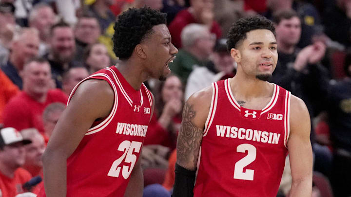 Wisconsin guard John Blackwell (25) reacts after Wisconsin guard Nick Boyd (2) was fouled during the second half of their quarterfinal game in the Big Ten tournament Friday, March 13, 2026 at the United Center in Chicago, Illinois. Wisconsin beat Illinois 91-88. Wisconsin guard John Blackwell (25) reacts after Wisconsin guard Nick Boyd (2) was fouled during the second half of their quarterfinal game in the Big Ten tournament Friday, March 13, 2026 at the United Center in Chicago, Illinois. Wisconsin beat Illinois 91-88.