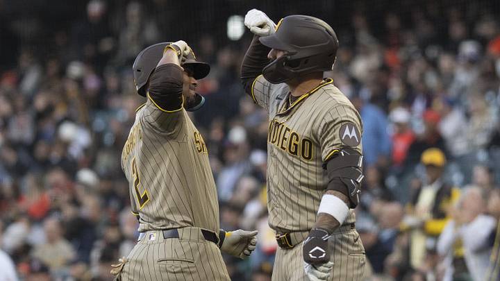 May 5, 2026; San Francisco, California, USA; San Diego Padres shortstop Xander Bogaerts (2) and right fielder Nick Castellanos (21) celebrate during the second inning against the San Francisco Giants at Oracle Park. Mandatory Credit: Stan Szeto-Imagn Images May 5, 2026; San Francisco, California, USA; San Diego Padres shortstop Xander Bogaerts (2) and right fielder Nick Castellanos (21) celebrate during the second inning against the San Francisco Giants at Oracle Park. Mandatory Credit: Stan Szeto-Imagn Images