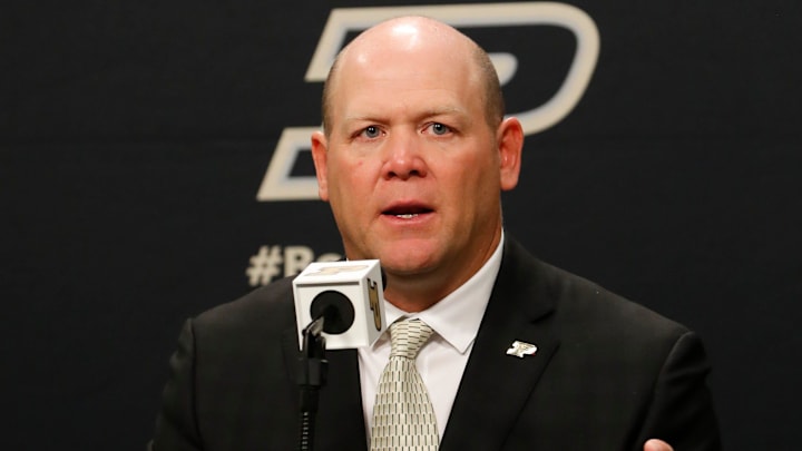 Purdue football head coach Barry Odom addresses the media