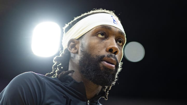 Jan 6, 2024; Philadelphia, Pennsylvania, USA; Philadelphia 76ers guard Patrick Beverley warms up before a game against the Utah Jazz at Wells Fargo Center. Mandatory Credit: Bill Streicher-USA TODAY Sports