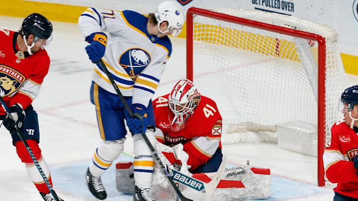 Ryan McLeod (71) in a puck battle in front of the net against the Florida Panthers on Saturday night. 