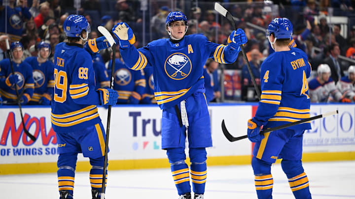 Buffalo Sabres players Alex Tuch, Tage Thompson and Bowen Byram Buffalo Sabres players Alex Tuch, Tage Thompson and Bowen Byram