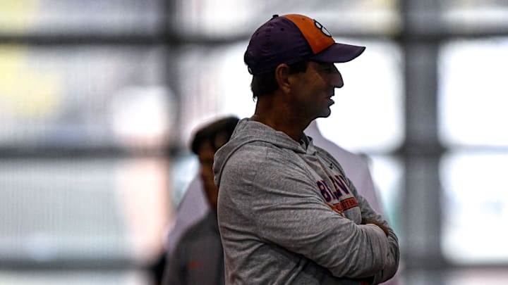 Clemson head coach Dabo Swinney watches players during Spring Practice in Clemson, S.C. Monday, March 24, 2025.