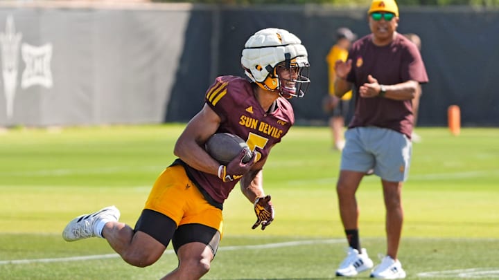 Arizona State wide receiver Noble Johnson (5) during practice at Kajakawa Practice fields in Tempe on Wednesday, April 8, 2025.