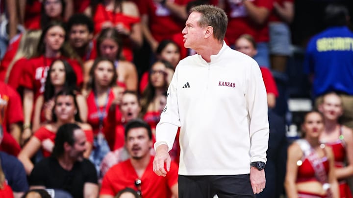 Feb 28, 2026; Tucson, Arizona, USA; Kansas Jayhawks head coach Bill Self yells towards the referee during the first half of the game against the Arizona Wildcats at McKale Memorial Center. Mandatory Credit: Aryanna Frank-Imagn Images Feb 28, 2026; Tucson, Arizona, USA; Kansas Jayhawks head coach Bill Self yells towards the referee during the first half of the game against the Arizona Wildcats at McKale Memorial Center. Mandatory Credit: Aryanna Frank-Imagn Images
