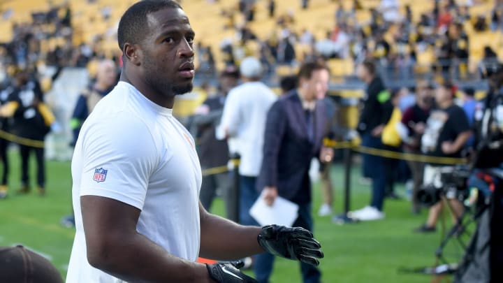 Sep 18, 2023; Pittsburgh, Pennsylvania, USA;  Cleveland Browns running back Nick Chubb leaves pre-game drills before playing a game against the Pittsburgh Steelers at Acrisure Stadium. Mandatory Credit: Philip G. Pavely-USA TODAY Sports