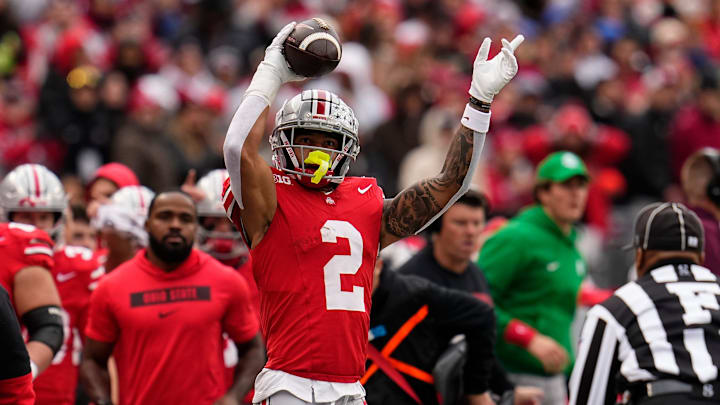 Ohio State Buckeyes wide receiver Emeka Egbuka (2) celebrates a first down catch during the second half of the NCAA football game against the Indiana Hoosiers at Ohio Stadium in Columbus on Saturday, Nov. 23, 2024. Ohio State won 38-15.