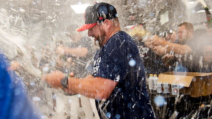 Sep 19, 2024; Cleveland, Ohio, USA; Cleveland Guardians manager Stephen Vogt celebrates with his players after the Guardians beat the Minnesota Twins and clinched a playoff berth at Progressive Field. Mandatory Credit: Ken Blaze-Imagn Images
