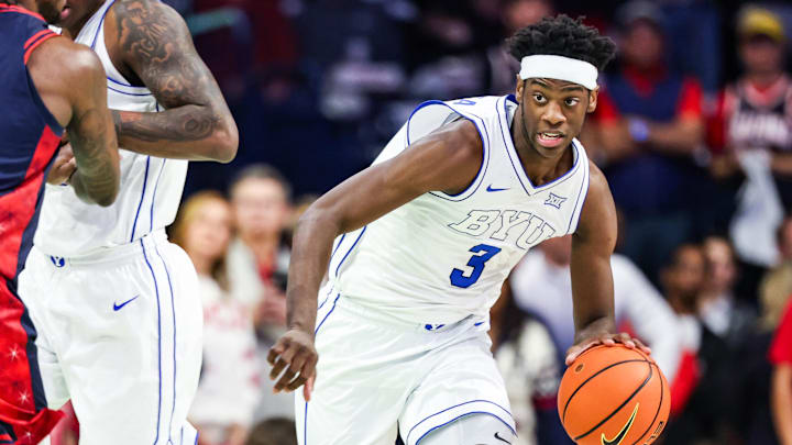 Feb 18, 2026; Tucson, Arizona, USA; Brigham Young Cougars forward AJ Dybantsa (3) dribbles the ball during the first half of the game against the Arizona Wildcats at McKale Memorial Center. Mandatory Credit: Aryanna Frank-Imagn Images