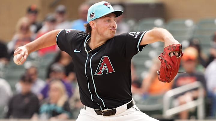 Arizona Diamondbacks pitcher Brandon Pfaadt throws to the San Francisco Giants in the first inning during a spring training game at Salt River Fields on March 5, 2025, in Scottsdale.