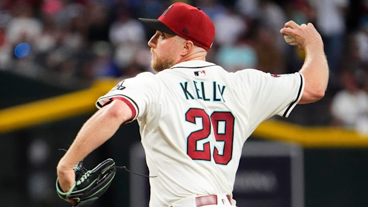 Arizona Diamondbacks starting pitcher Merrill Kelly throws to the Chicago Cubs in the first inning at Chase Field in Phoenix, on March 28, 2025.