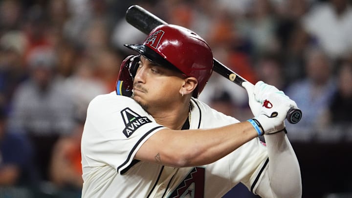 Arizona Diamondbacks' Josh Naylor bats against the Houston Astros in the first inning at Chase Field in Phoenix on July 23, 2025.