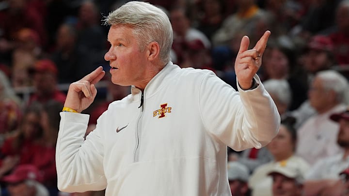 Iowa State Cyclones' women's basketball head coach Bill Fennelly calls a play against Arizona State during the fourth quarter in the Big-12 women’s basketball at Hilton Coliseum on Feb. 18, 2026, in Ames, Iowa
