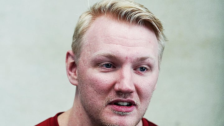 Iowa State tight end coach Seth Hestness talks to media during a media opportunity at Stark Performance center on Feb. 11, 2026, in Ames, Iowa.