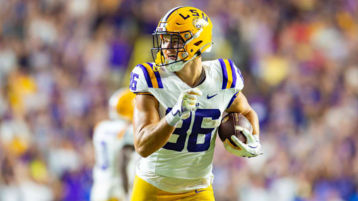 Mason Taylor 86 runs the ball as the LSU Tigers take on the Ole Miss Rebels at Tiger Stadium in Baton Rouge, LA. Saturday, Oct. 12, 2024.Saturday, Oct. 12, 2024.