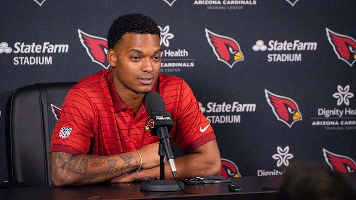 Cardinals second-round draft pick Will Johnson speaks to the media at the Arizona Cardinals training center on May 8, 2025, in Tempe.