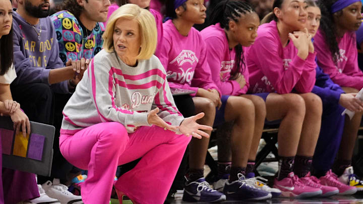 Feb 6, 2025; Columbia, Missouri, USA; LSU Lady Tigers head coach Kim Mulkey watches play against the Missouri Tigers during the first half at Mizzou Arena. Mandatory Credit: Denny Medley-Imagn Images