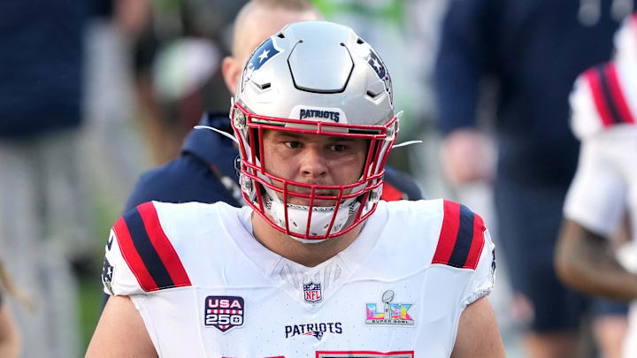 Feb 8, 2026; Santa Clara, CA, USA; New England Patriots center Garrett Bradbury (65) before Super Bowl LX against the Seattle Seahawks at Levi's Stadium. Mandatory Credit: Darren Yamashita-Imagn Images
