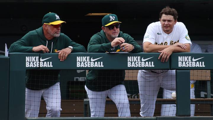 May 3, 2026; West Sacramento, California, USA; Athletics manager Mark Kotsay (left) and Athletics first baseman Nick Kurtz (right) look on from the top of the dugout during the sixth inning against the Cleveland Guardians at Sutter Health Park. Mandatory Credit: Scott Marshall-Imagn Images May 3, 2026; West Sacramento, California, USA; Athletics manager Mark Kotsay (left) and Athletics first baseman Nick Kurtz (right) look on from the top of the dugout during the sixth inning against the Cleveland Guardians at Sutter Health Park. Mandatory Credit: Scott Marshall-Imagn Images