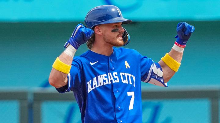 Sep 6, 2026; Kansas City, Missouri, USA; Kansas City Royals shortstop Bobby Witt Jr. (7) celebrates on second base against the Toronto Blue Jays after hitting a double during the third inning at Kauffman Stadium. Mandatory Credit: Denny Medley-Imagn Images Sep 6, 2026; Kansas City, Missouri, USA; Kansas City Royals shortstop Bobby Witt Jr. (7) celebrates on second base against the Toronto Blue Jays after hitting a double during the third inning at Kauffman Stadium. Mandatory Credit: Denny Medley-Imagn Images