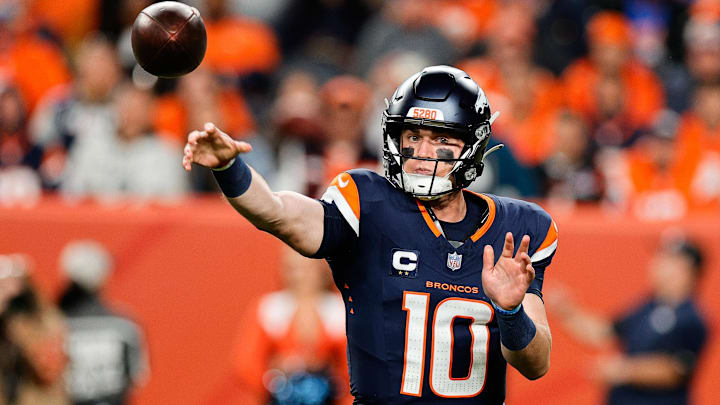 Denver Broncos quarterback Bo Nix (10) throws a pass during the second quarter against the Cincinnati Bengals at Empower Field at Mile High. Denver Broncos quarterback Bo Nix (10) throws a pass during the second quarter against the Cincinnati Bengals at Empower Field at Mile High.