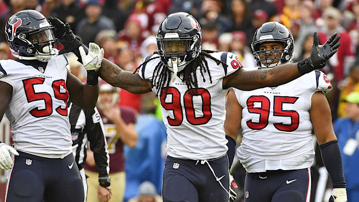 Nov 18, 2018; Landover, MD, USA; Houston Texans outside linebacker Jadeveon Clowney (90) celebrates after recording a sack against the Washington Redskins during the second half at FedEx Field.