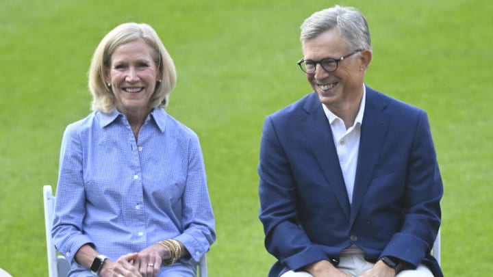 Aug 19, 2023; Cleveland, Ohio, USA; Cleveland Guardians owners Karen Dolan and Paul Dolan sit on the field before a game against the Detroit Tigers at Progressive Field. Mandatory Credit: David Richard-Imagn Images
