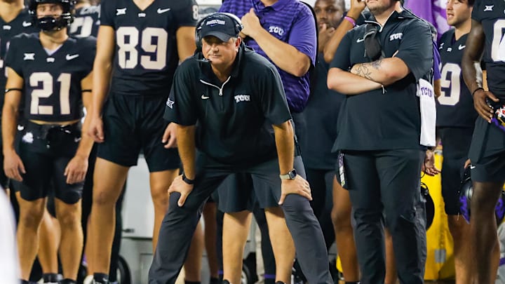 Sep 14, 2024; Fort Worth, Texas, USA; TCU Horned Frogs head coach Sonny Dykes looks on during the second quarter against the UCF Knights at Amon G. Carter Stadium. Mandatory Credit: Andrew Dieb-Imagn Images
