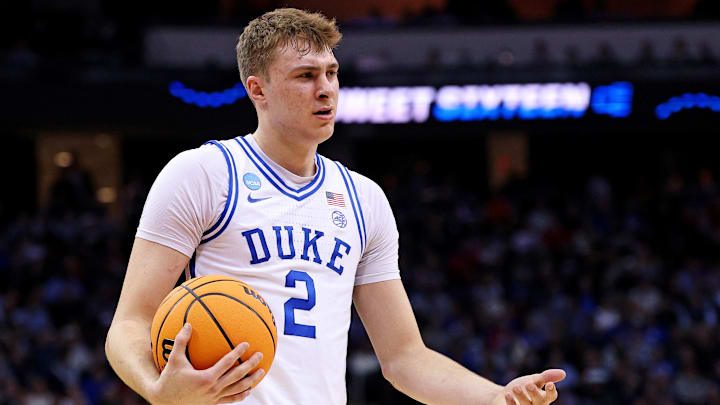 Mar 27, 2025; Newark, NJ, USA; Duke Blue Devils forward Cooper Flagg (2) reacts after a play during the first half against the Arizona Wildcats during an East Regional semifinal of the 2025 NCAA tournament at Prudential Center. Mandatory Credit: Vincent Carchietta-Imagn Images