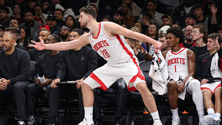Jan 1, 2026; Brooklyn, New York, USA; Houston Rockets center Alperen Sengun (28) reacts during the second half against the Brooklyn Nets at Barclays Center. Mandatory Credit: Vincent Carchietta-Imagn Images